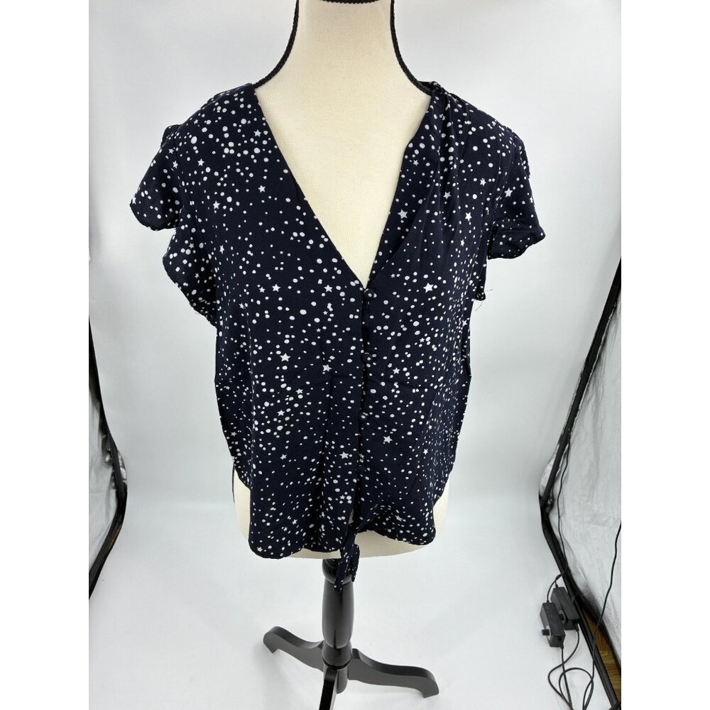 Cupcakes and Cashmere Womens Size L Navy Star Print Wrap Blouse Short Sleeve Top